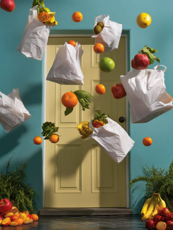Colorful grocery bags filled with fresh fruits are joyfully flying towards a home door, creating a cheerful and lively atmosphere.の素材