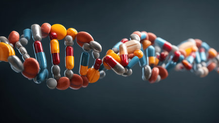 A dynamic structure illustrates a DNA helix made of various pills and capsules, highlighting the relationship between healthcare and genetic research.の素材