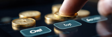 A hand clicks the buy now button on a screen while floating coins represent digital currency, illustrating a modern online shopping experience.の素材
