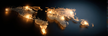 A digital world map illuminates the concept of global online shopping, showcasing connectivity and commerce across various regions and countries.の素材