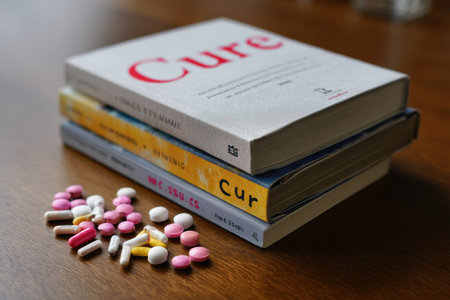 A stack of books titled Cure lies on a wooden surface, accompanied by an assortment of colorful pills, suggesting topics related to health and wellness.の素材