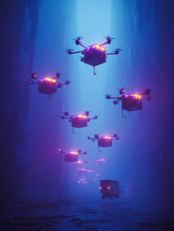 Neon glowing drones transport packages over a futuristic city, navigating narrow canyons as night falls, creating a vibrant and dynamic delivery network.の素材