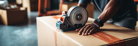 A man carefully seals a large cardboard box with an industrial tape dispenser while working in a busy warehouse in broad daylight.の素材