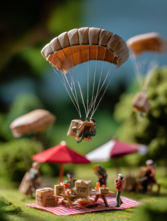 Tiny parcels descend from the sky, landing amidst a lively picnic where miniature people enjoy food and drinks under colorful umbrellas in a green park.の素材