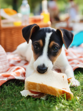 A playful puppy grabs a sandwich at a summer picnic, stealing the attention of everyone around on a warm, sunny day as laughter fills the air.の素材