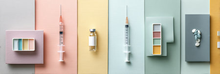 Flatlay features a syringe and medicine vial positioned on soft pastel blocks, highlighting a serene and organized approach to health and wellness activities.の素材