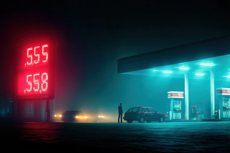 A driver leans against their car in disbelief as fuel prices rise dramatically on the illuminated sign at a gas station during the night.の素材