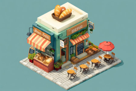 Charming tiny bakery featuring fresh bread displays and cozy outdoor seating, perfect for enjoying pastries in a vibrant atmosphere on a sunny day.の素材