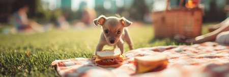 A cheerful puppy sneaks away with a sandwich while families enjoy a summer picnic in a grassy park under the warm sunlight, creating playful moments.の素材