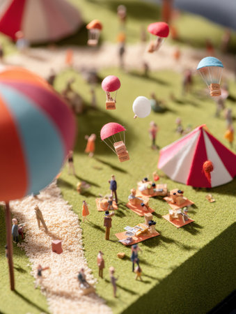 Tiny parcels gracefully parachute into a vibrant park filled with families enjoying a sunny picnic, creating a playful and cheerful atmosphere.の素材