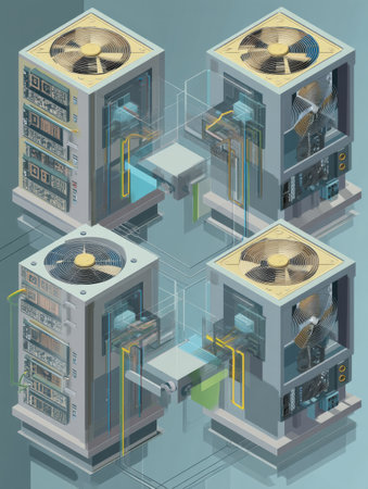 This design features a high-tech server farm with cooling fans and organized cables, highlighting efficient data processing.の素材