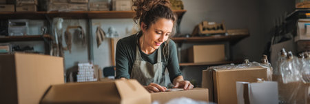 Dedicated small business owner meticulously packs products into shipping boxes in a warm, inviting workspace with ample natural light during the day.の素材