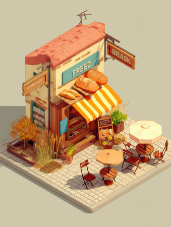 Cozy isometric bakery showcases inviting outdoor seating and fresh bread signs, creating a warm atmosphere for patrons to enjoy baked goods.の素材