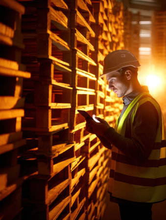 Warehouse manager inspects organized pallets while holding a digital tablet that glows, ensuring efficient operations during the evening shift.の素材