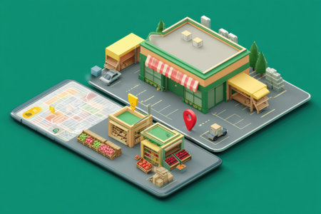 A detailed isometric view of a hypermarket emphasizes its online order integration alongside a digital shopping platform reflecting modern consumer habits.の素材