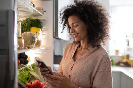 Woman interacts with a smart refrigerator that automatically orders groceries, enhancing her kitchen experience and simplifying meal preparation.の素材