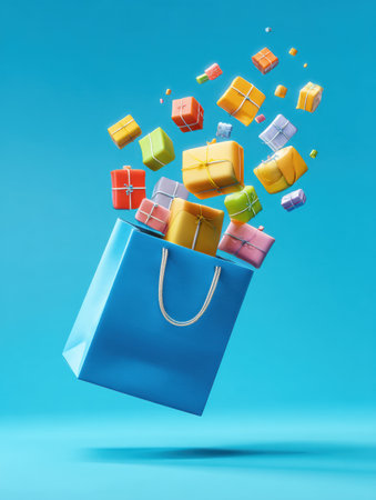 A shopping bag hovers in the air surrounded by vibrant parcels, showing the excitement of shopping and gift-giving in a lively atmosphere.の素材
