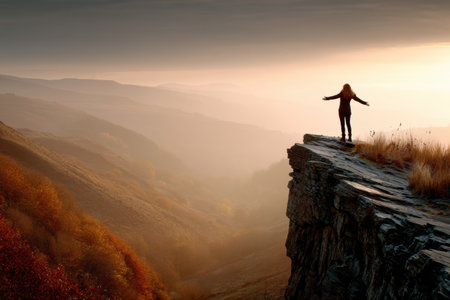 A woman stands on the edge of a rocky cliff with her arms wide open, embracing the breathtaking view of the sunset across distant mountains and valleys.の素材
