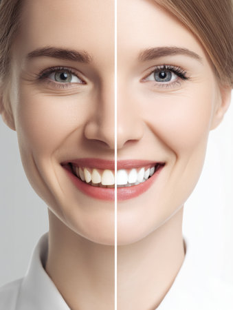 Split face displays the transformation from an unaltered smile to a perfect set of teeth, highlighting the benefits of dental restoration on confidence.の素材