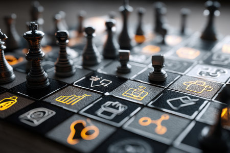 A chessboard with economic icons replaces standard pieces, illuminated to highlight the strategy of finance and competition.の素材