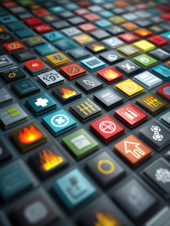 A vibrant digital display showcases a wall of app icons separated by colorful firewalls and bans, illustrating a modern approach to digital security.の素材