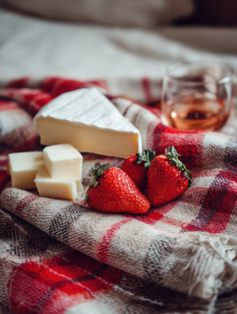 Fresh strawberries and slices of creamy cheese are artistically arranged on a soft plaid blanket, accompanied by a glass of refreshing wine for a delightful picnic.の素材
