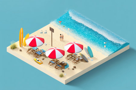 Bright umbrellas provide shade while surfboards stand ready for action on a sunny beach where people enjoy the warm ocean breeze and soft sand.の素材