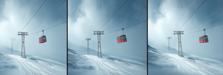 A vibrant cable car rises along a snowy mountain slope under a cloudy sky, illustrating clean lines and visual balance in an enchanting winter setting.の素材