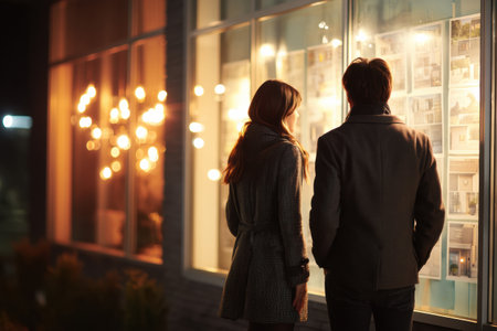 A couple stands outside a real estate window, examining home listings with disappointment during a vibrant evening stroll on a city street.の素材