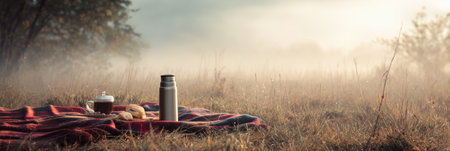 Relaxing in a serene field during a misty morning, savoring coffee from a thermos and indulging in freshly baked pastries on a cozy blanket.の素材