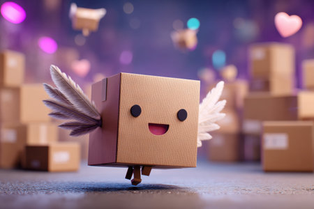 A cheerful box with delivery wings gleefully flies among various packages in a vibrant setting illuminated by soft lights, conveying happiness and excitement.の素材