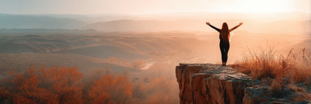 Standing on a cliff edge, a woman with outstretched arms enjoys the breathtaking view of rolling hills and a warm sunset, expressing freedom and joy.の素材