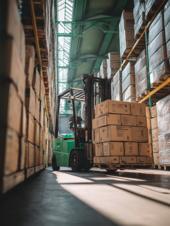 A forklift is moving a stack of eco-labeled boxes within an environmentally friendly warehouse, showing efficient logistics operations in bright light.の素材