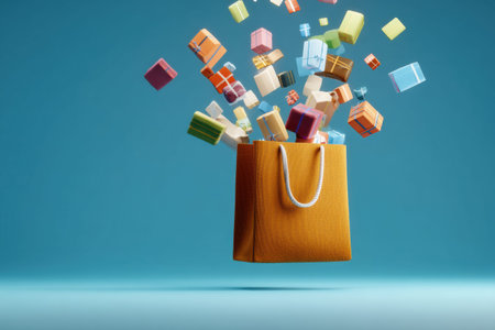 An abstract shopping bag appears lively with colorful parcels floating around it, symbolizing the joy of shopping in a bright and engaging manner.の素材