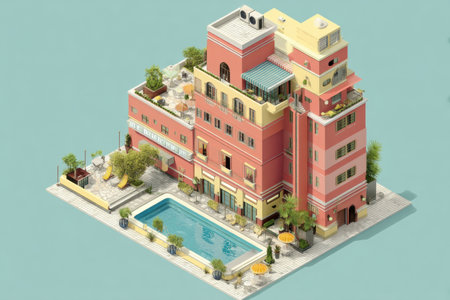A vibrant hotel building showcases a rooftop pool and terrace filled with greenery, inviting guests to relax in a lively urban environment under clear skies.の素材