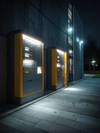 Futuristic parcel drop-off lockers glow softly in an urban setting at night, showcasing advanced technology against a sleek building facade.の素材
