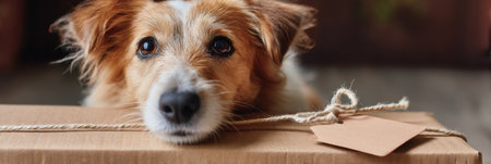 A cheerful dog rests its head on a package in a cozy indoor setting, showing its playful personality and curiosity about the new arrival.の素材