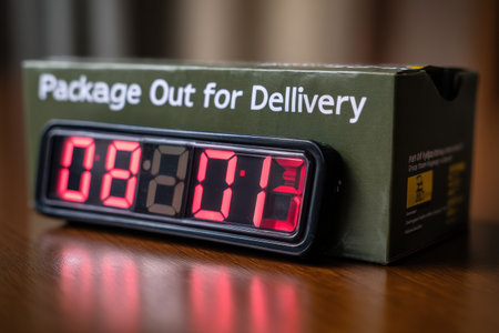 Digital timer shows countdown for package delivery with remaining time visible in red digits on a dark surface, emphasizing anticipation for arrivalの素材