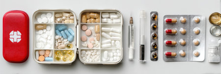 Close view of a neatly arranged travel medicine kit showing essential pills, syringes, and other supplies for health and safety on journeys.の素材