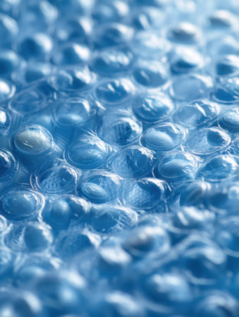 A close-up view of soft blue bubble wrap filled with visible pills, showing the protective features ideal for safe storage and handling.の素材