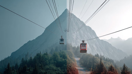 Cable car journeys towards a majestic mountain peak, showcasing clean visual symmetry and lush greenery below. The bright sky enhances the beauty.の素材
