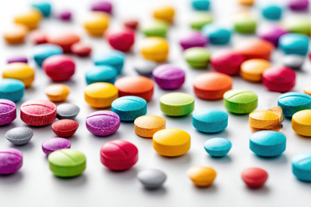 Brightly colored pills in a variety of shapes and sizes are scattered across a clean white surface, creating a visually striking and cheerful arrangement.の素材