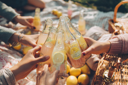 Close friends gather for a cheerful picnic, clinking lemonade bottles to toast their friendship and enjoy delicious refreshments on a sunny day.の素材