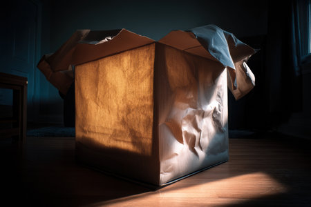 A cardboard box is being unwrapped, revealing crumpled paper inside. Dramatic lighting highlights the textures and shadows, creating an atmospheric effect.の素材