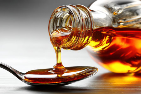 Golden syrup flows smoothly from a bottle, coating a shiny glass spoon, capturing the essence of sweetness in a sunny kitchen space.の素材