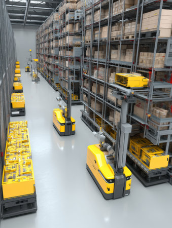 Automated robots efficiently transport goods and restock shelves in a spacious warehouse, showing modern logistics technology at work.の素材