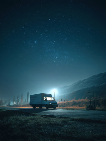 Under a vast starry sky, a delivery truck travels along a deserted road, illuminating its path through the peaceful nighttime landscape.の素材
