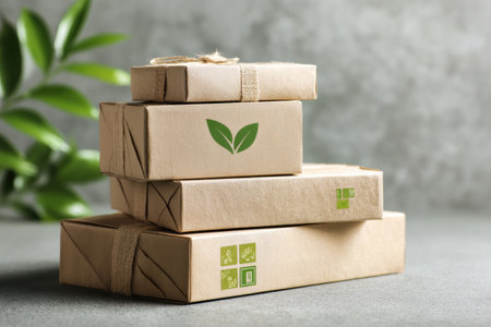 A stack of eco-friendly parcels sits on a surface, featuring a green delivery logo, emphasizing sustainability and environmentally conscious delivery practices.の素材