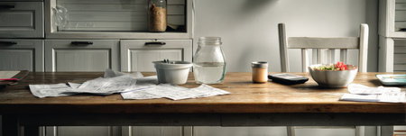 Bills scatter across the wooden table while minimal food supplies highlight the stark reality of a neglected kitchen space in an urban setting.の素材