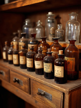 A vintage apothecary shelf displays labeled brown glass bottles, reflecting the charm of historic herbal remedies and old medicinal practices.の素材